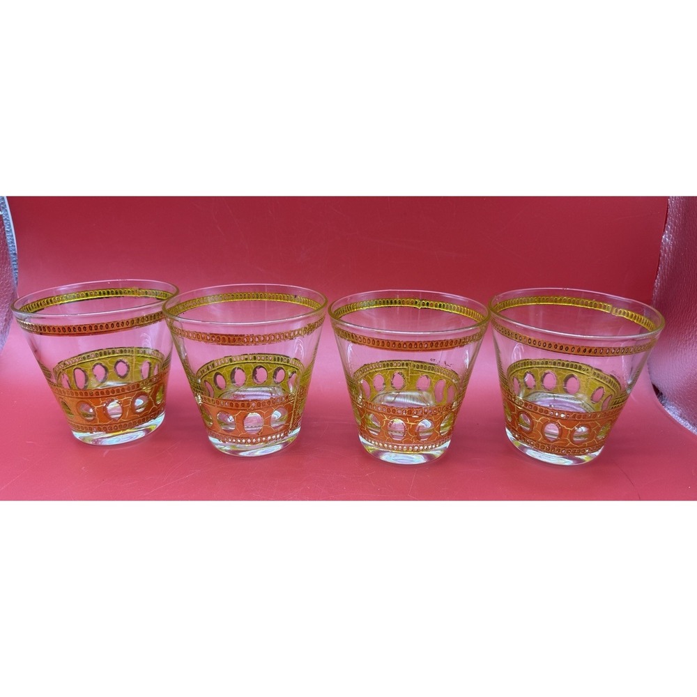 4 Vintage Culver ANTIGUA Tapered Old-Fashioned Low Ball Glass Barware 22k Gold
